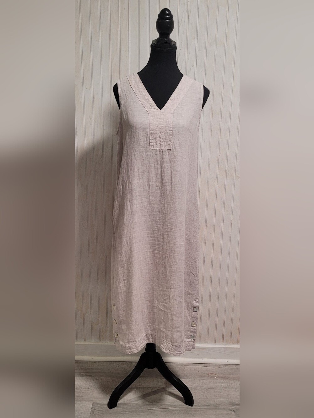 Tahari 100% Linen Sleeveless V-Neck Midi Dress Beige Size S